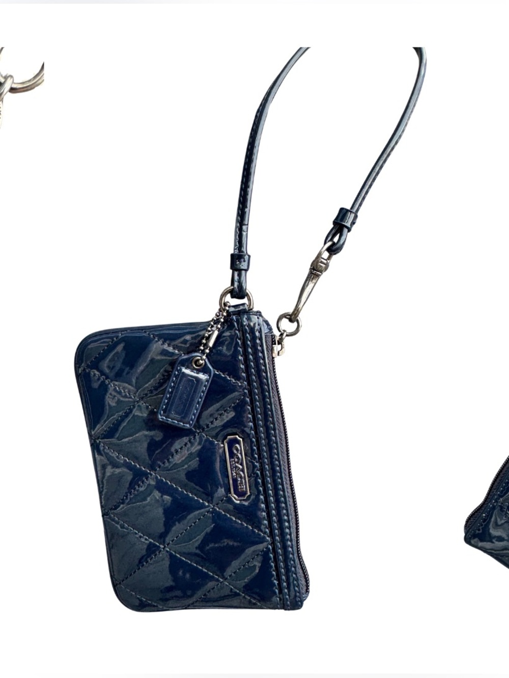 Coach Navy Quilted Patent Leather Wristlet Pouch